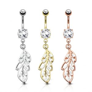 CZ Dangle Leaf Style Navel Bar